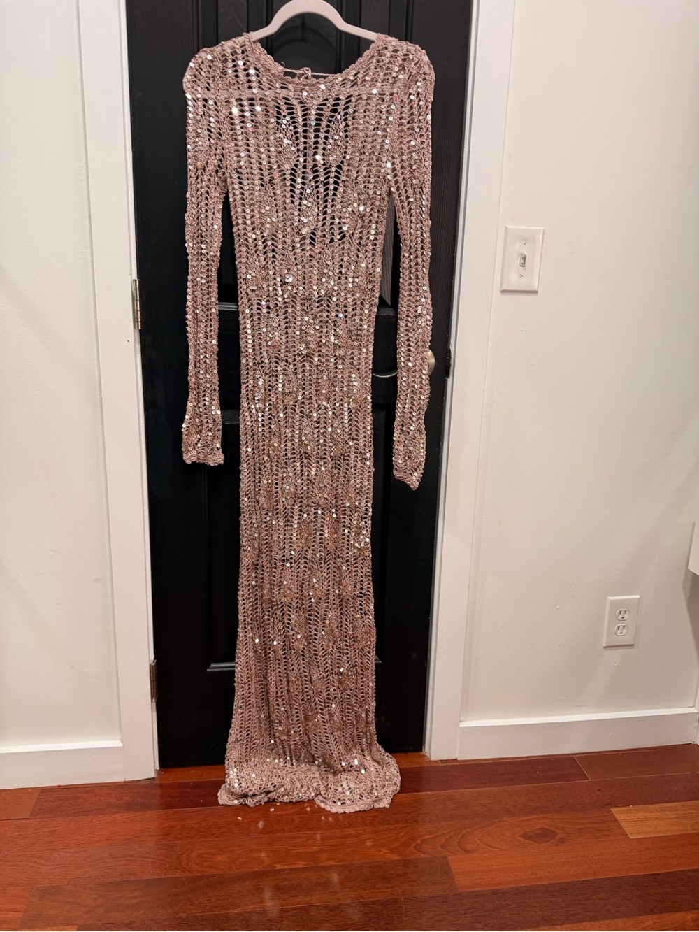 Retrofete Sequin Open-Knit Maxi Dress in Rose Gold